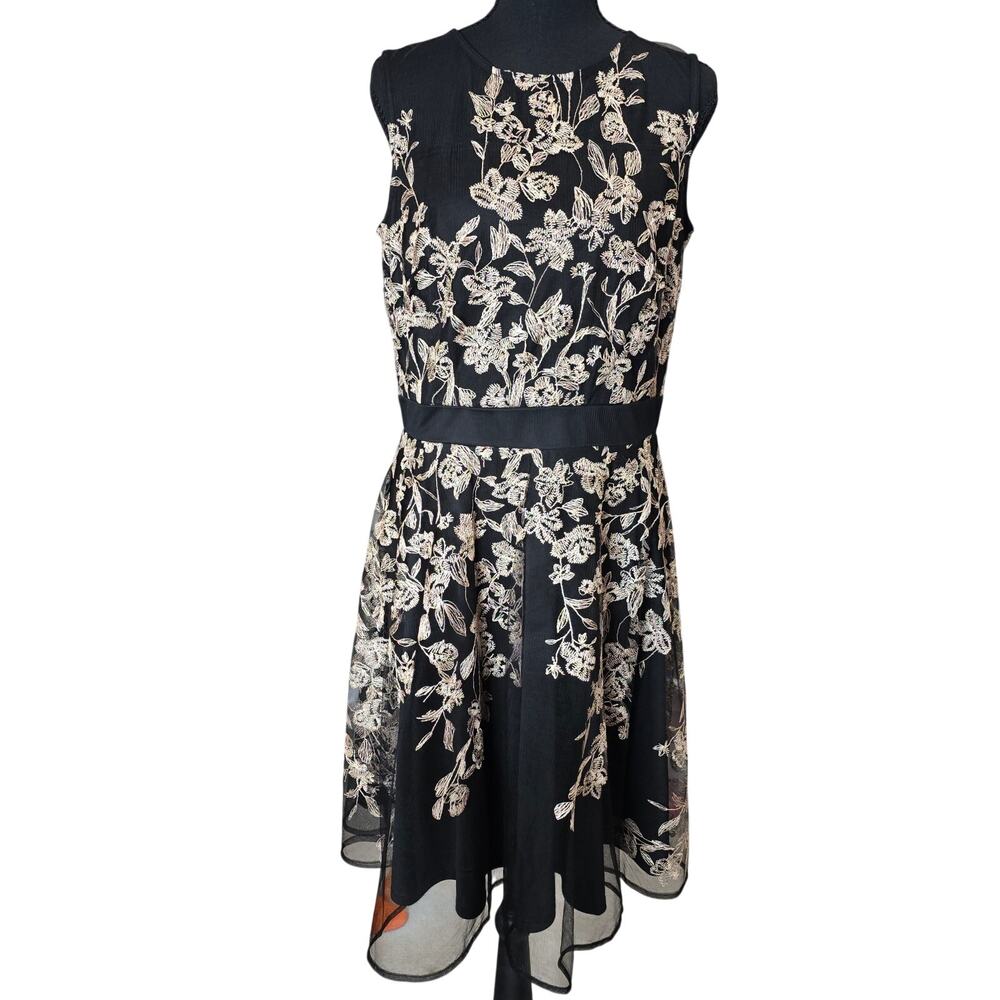 J Taylor Black Rose Gold Embroidered Floral Print Dress Sz 10